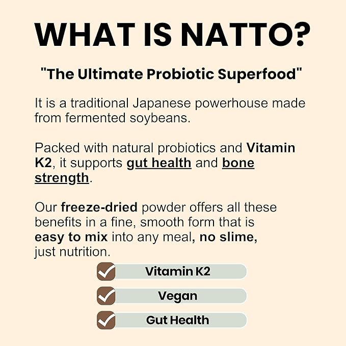 Matcharl Japanese Natto Powder, Freeze-Dried 50g (1.76oz) Nattokinase & Vitamin K2 | Fermented Soybean Superfood Supports Gut Health | Probiotic & Prebiotic | Non-GMO, Vegan, Made in Japan