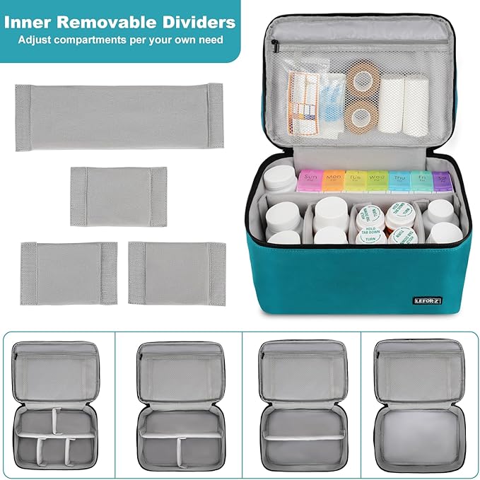 LEFOR·Z Medicine Storage Bag,Double Layers Pill Bottle Organizer Bag Empty with Lockable Zipper&Adjustable Divider,Medication Travel Carrying Bag for Pills,Vitamins,Medical Supplies,Teal Color