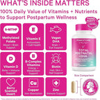 Pink Stork Total Postnatal Vitamins for Women | Vegan DHA, Iron, Folate, B12 | Postpartum Recovery Essentials | Lactation Support for Breastfeeding Moms | Third-Party Tested - 60 Capsules, Berry