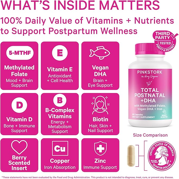 Pink Stork Total Postnatal Vitamins for Women | Vegan DHA, Iron, Folate, B12 | Postpartum Recovery Essentials | Lactation Support for Breastfeeding Moms | Third-Party Tested - 60 Capsules, Berry
