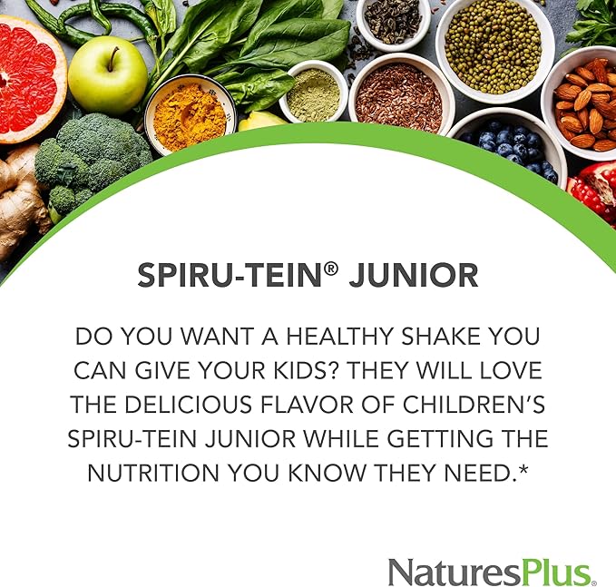 NaturesPlus SPIRU-TEIN Junior, Chocolate - 1 lb - Plant-Based Protein Powder Shake for Kids - Gluten Free & Vegetarian - 15 Servings