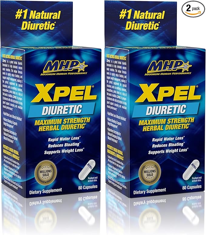 Maximum Human Performance Xpel Maximum Strength Diuretic Water Pills, for Water Retention Relief, Weight Loss Support, with Vitamin B-6 Potassium Dandelion Root, 80 Capsules, (Pack of 2)