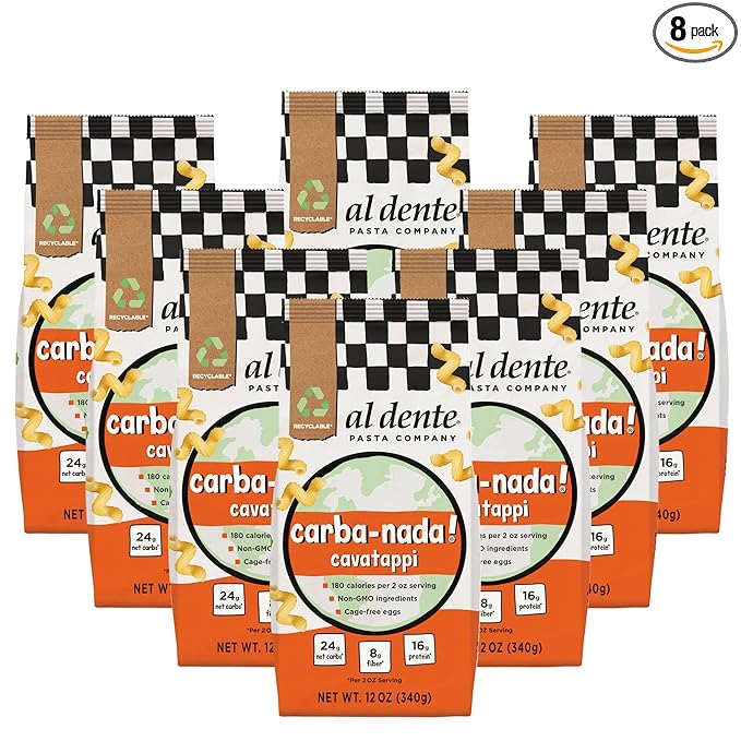 Al Dente Carba-Nada Cavatappi - Low Carb, High Protein - Keto & Point-Based Diet-Friendly, Artisanal Pasta Noodles, Cage-Free Eggs & Non-GMO Ingredients. 12oz Bags (Pack of 8)
