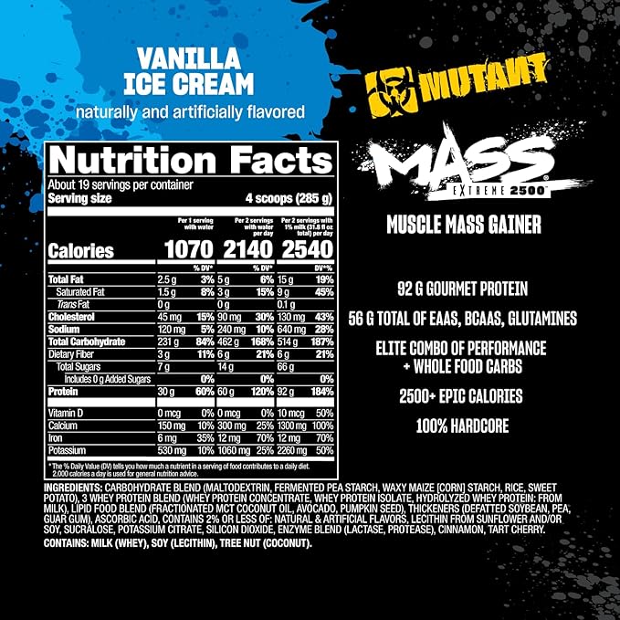 Mutant Mass Extreme 2500 - High Calorie Mass Gainer Whey Protein Powder with Creatine & Amino Acids - Muscle Building & Weight Gain Supplement for Hard Gainers - Vanilla Ice Cream 12 lbs