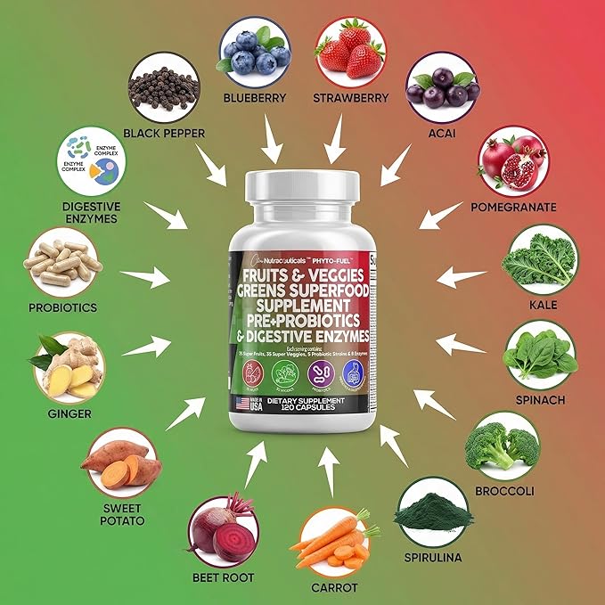 Clean Nutraceuticals Fruits and Veggies Supplement Reds & Green Superfood - Balance of Over 70 Fruit & Vegetable Supplements Capsules with Probiotics Prebiotics Digestive Enzymes - 120 Ct USA