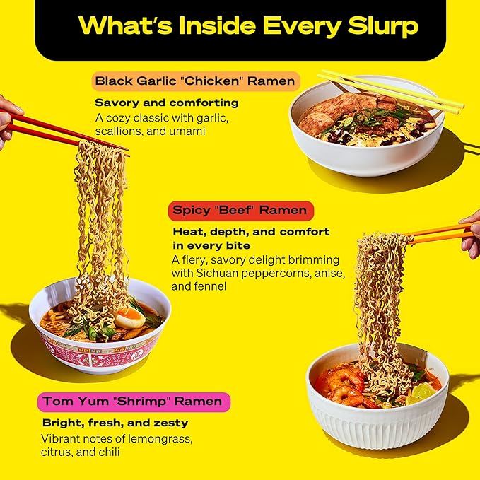 immi Variety Pack Ramen – Spicy “Beef,” Black Garlic “Chicken” & Tom Yum “Shrimp” – Vegan, High Protein Ramen Noodles – Low Carb, Zero Sugar – Healthy Keto-Friendly Ramen Bowls, 6-Pack