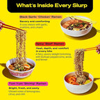 immi Variety Pack Ramen – Spicy “Beef,” Black Garlic “Chicken” & Tom Yum “Shrimp” – Vegan, High Protein Ramen Noodles – Low Carb, Zero Sugar – Healthy Keto-Friendly Ramen Bowls, 6-Pack