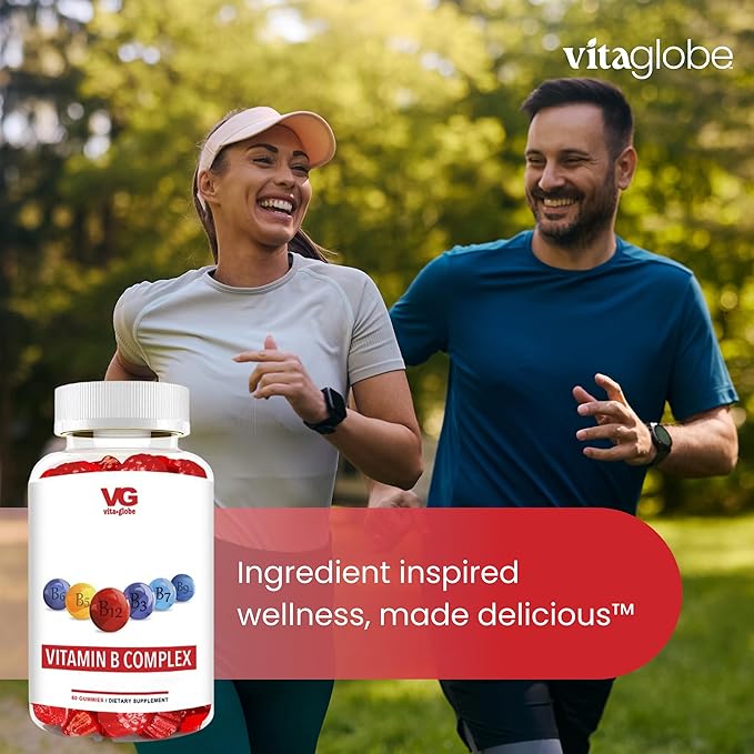VITA GLOBE B Complex Gummy Vitamins – Strawberry Flavor with Vitamin C, Niacin, B6, B12 & Biotin | Daily Supplement for Energy, Metabolism & Cognitive Support | 60 Gummies (Pack of 1)