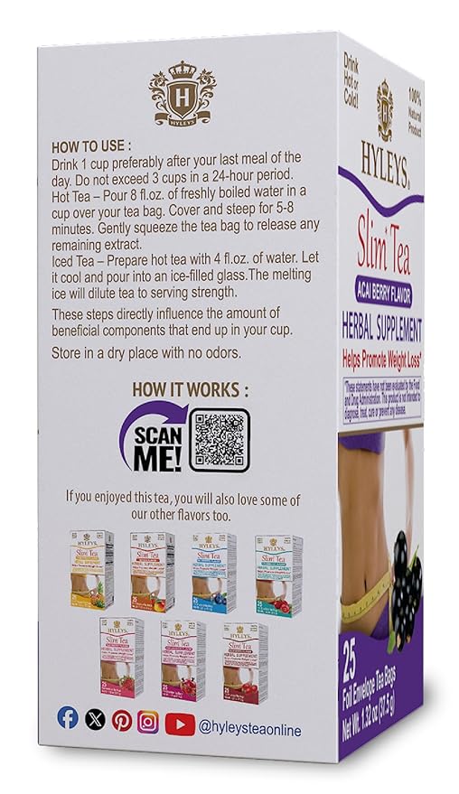 Hyleys Slim Tea Acai Berry Flavor - Weight Loss Herbal Supplement Cleanse and Detox - 25 Tea Bags (12 Pack)