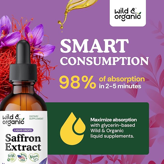 Wild & Organic Saffron Supplements 88.5 mg - Saffron Drops for Mood, Brain, Vision Support - Crocus Sativus Liquid Extract - Vegan, Sugar & Alcohol-Free Tincture - 2 fl oz