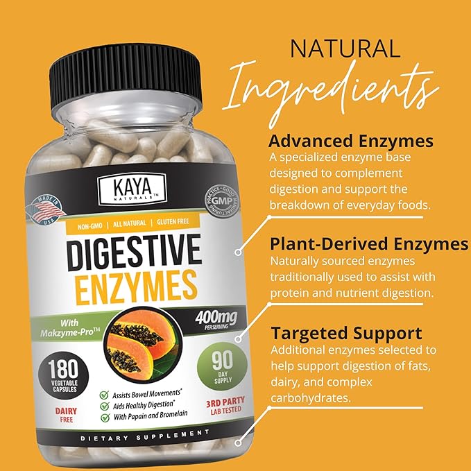 Kaya Naturals Digestive Enzymes with Prebiotics & Probiotics - Constipation & Bloating Relief - Weight Management Pills for Women & Men - Aids Immune Function - 180 Veggie Capsules