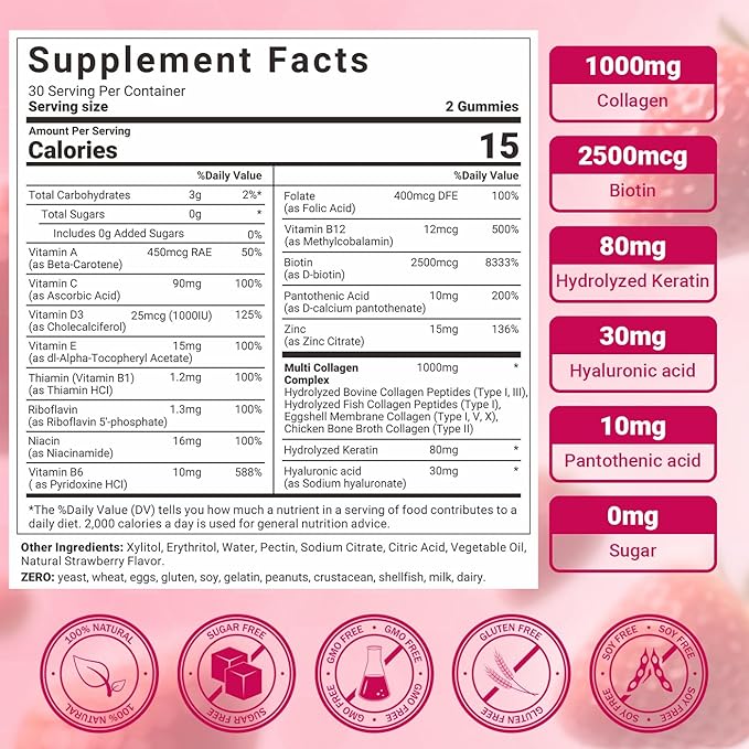 Collagen Gummies for Women, Sugar-Free Hydrolyzed Collagen Gummy with Type I, II, III, V, X Collagen Peptides, Biotin, Hyaluronic Acid & MultiVitamins, Promote Skin/Hair/Nail/Bones, 120 Cts