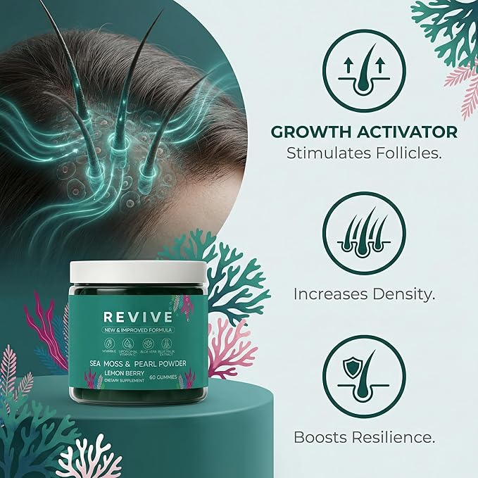 Balmbare Revive Gummies for Hair Loss - Sea Moss Gummies with Vitamin C, Vitamin E, Aloe Vera, Pearl Powder Supports Faster Hair Growth, Stronger Nails, Healthy Skin, Extra Strength - 60 Count