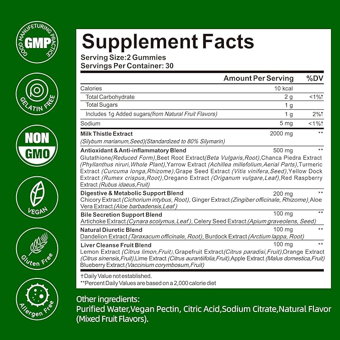 Liver Detox Gummies for Cleanse & Repair - 2000mg Milk Thistle, Turmeric, Dandelion Root & Artichoke for Liver Support, Digestion, Metabolism & Antioxidant - Mixed Fruit Flavor, 60 Gummies (2)