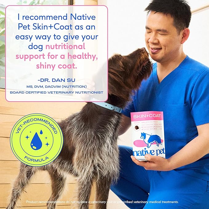 Native Pet Skin & Coat Chews - Omega 3 Fish Oil for Dogs Skin & Coat Supplement - Itch Relief, Shiny Fur & Shedding Support - Collagen, Hyaluronic Acid, Biotin, Probiotics & Salmon Oil - 30 Chews