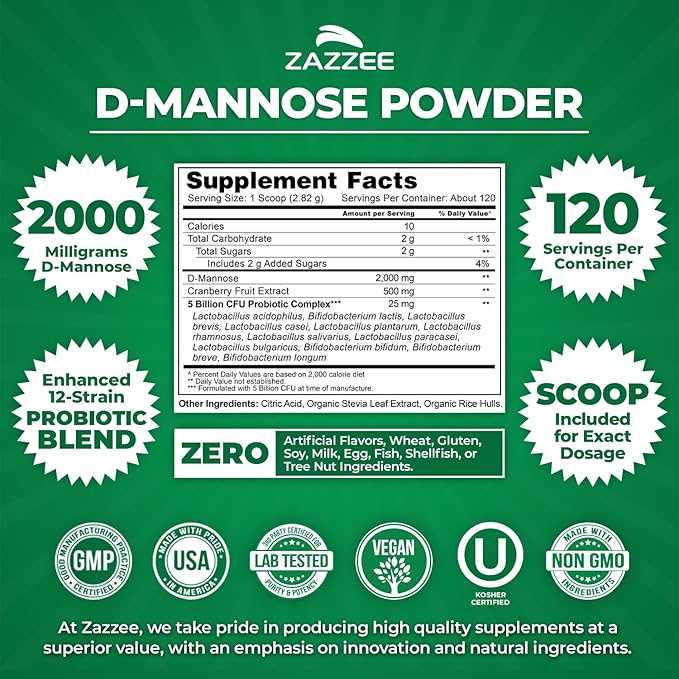 Zazzee D-Mannose Powder Plus, 2000 mg, 120 Servings, Plus 5 Billion CFU Probiotics and Pure Cranberry Juice Extract, Certified Kosher, Free Scoop, 11.94 oz, Urinary Tract Support, Non-GMO
