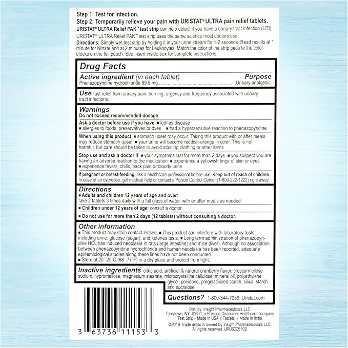 URISTAT Ultra UTI Relief Pack, 1 UTI Test Strip & 12 Pain Relief Tablets (Pack of 4)