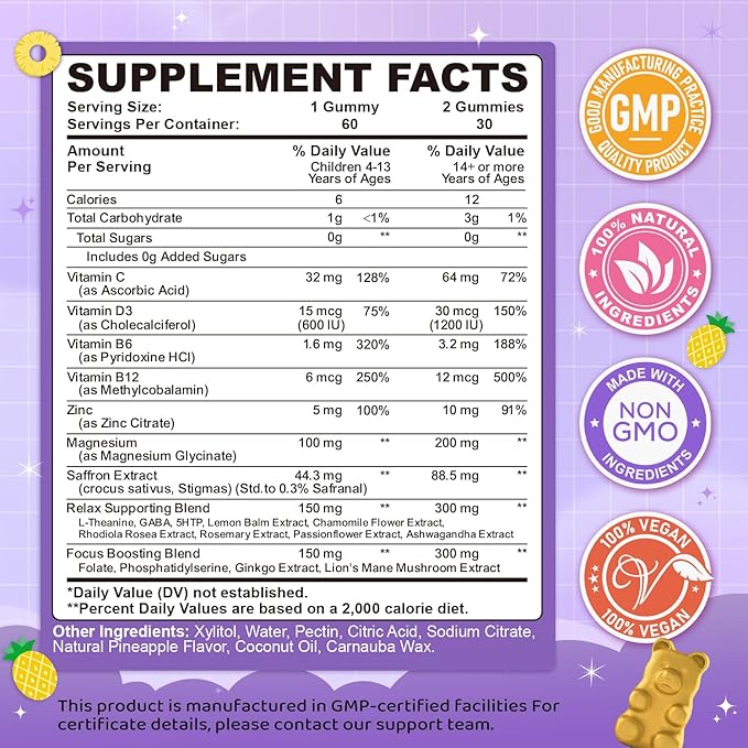 Saffron Gummies for Kids & Adults, 20-in-1 Saffron Supplements with 88.5mg Saffron Extract, B6, B12, C, D3, Magnesium for Calm, Focus, Nerve, Sugar Free, Vegan, Non-GMO - Pineapple Flavor, 120 Counts