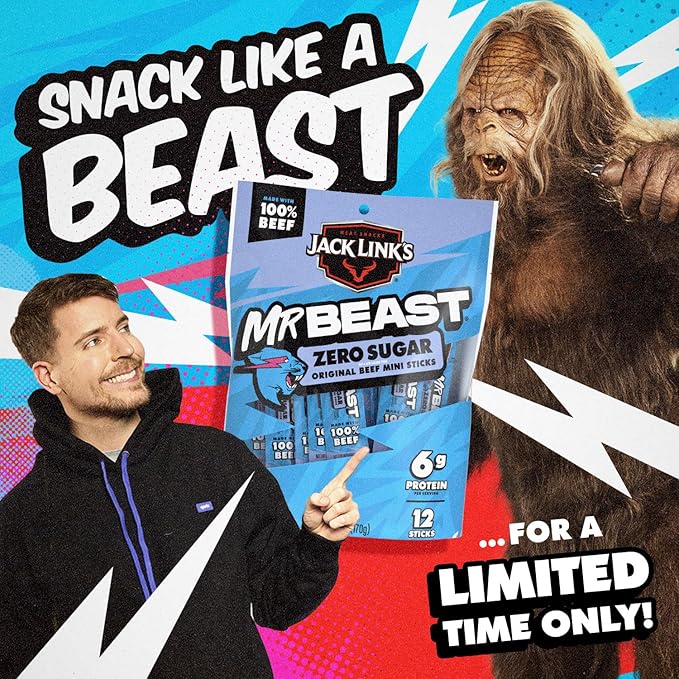 Jack Link’s x MrBeast Beef Sticks, Zero Sugar Mini Beef Sticks, As Seen on Beast Games, 6g Protein, Made with 100% Real Beef, Pantry-Ready Snacks, 12 Count