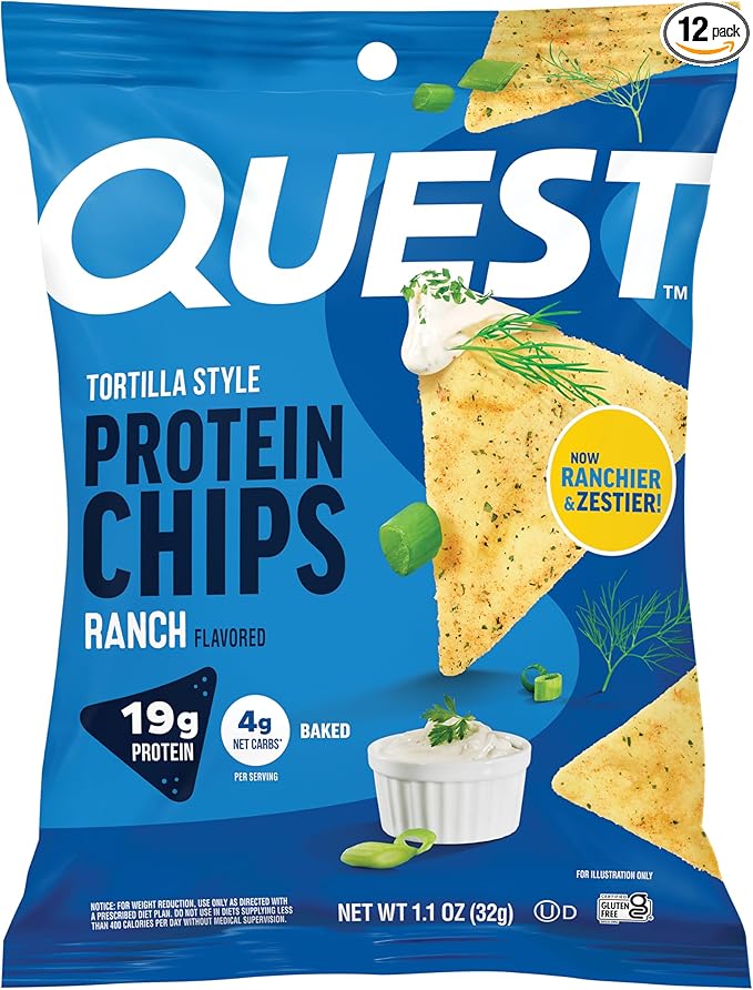 Quest Nutrition Ranch Tortilla Style Protein Chips, 19g Protein, 4g Net Carb, High Protein, Low Carb, Gluten Free, 1.1 Ounce (Pack of 12)