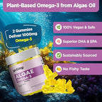 Vegan Omega 3 Gummies for Women, Algae Omega 3 1000mg Supplement with DHA, EPA, GLA, Vitamin A, E, B12, Folate, Skin & Brain Health, Sugar Free, 60 Count