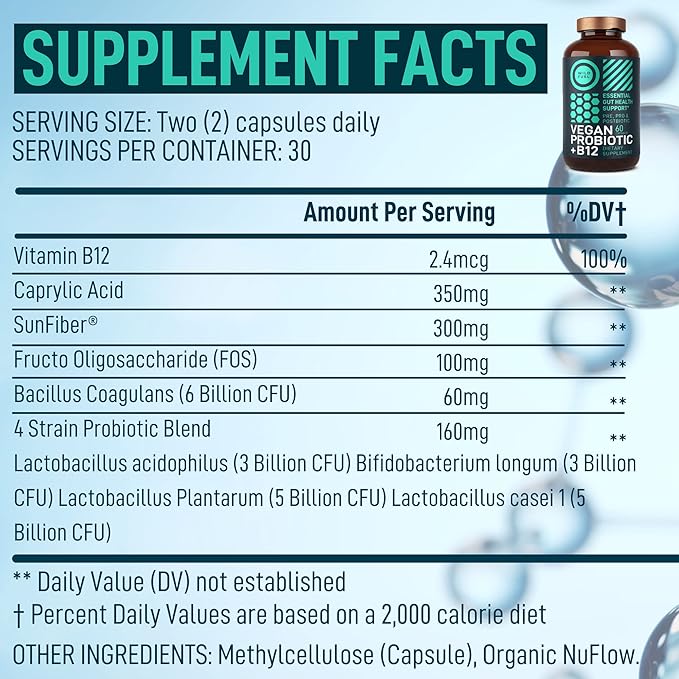 Vegan Probiotic Plus B12 & FOS - 22 Billion CFU Synbiotics Prebiotics and Probiotics for Digestive Health, IBS, Mood Support - B12 Pre Pro Post Biotics for Women & Men - 60 Gluten-Free Capsules