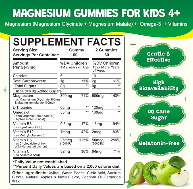 Magnesium Glycinate Gummies for Kids & Adults - Sugar Free Magnesium Malate with L-Theanine, Omega-3, Vitamin D3, B6, B12, C- Sleep, Calm, Relaxation, Brain, Bones, Green Apple & Kiwi，60ct