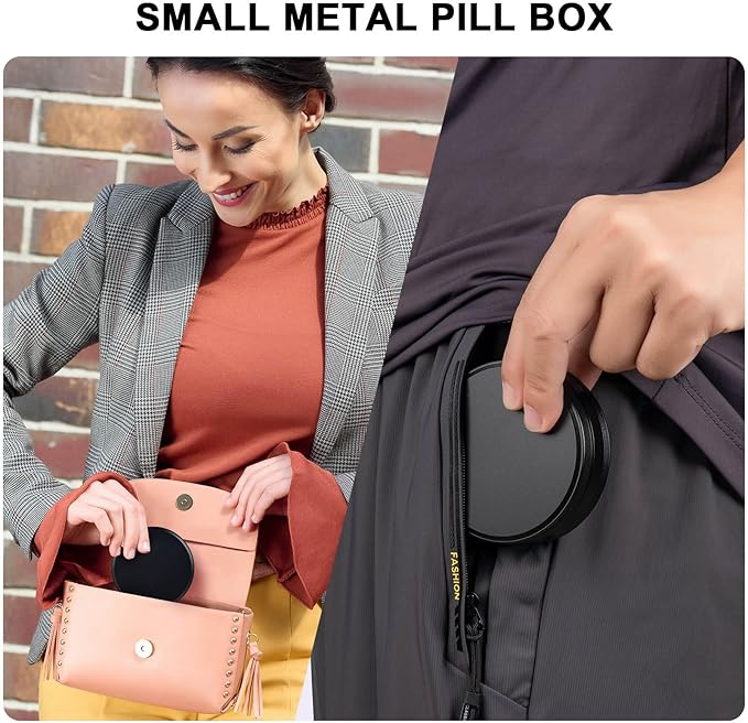 Metal Pill Case 4 Compartments - Travel Pill Organizer Waterproof, Small Pill Box for Purse, Compact Medicine Container Pill Dispensers Holder for Vitamin, Fish Oil, Supplement (Black)