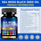 Sea Moss Black Seed Oil Ashwagandha Ginger Turmeric Capsules, Sea Moss Gummies Supplement with Burdock Root Bladderwrack Vitamin C Vitamin D3 Yellow Dock Iodine Chlorophyll ACV - 60 Count