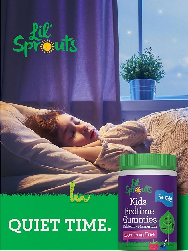 Lil' Sprouts Kids Melatonin & Magnesium | Bedtime Gummies | 60 Count | Berry Flavor | 100% Drug Free | Non-GMO and Gluten Free
