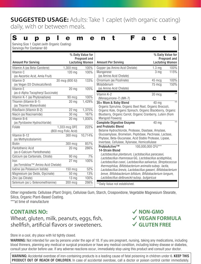 Rainbow Light 35+ Mom & Baby + Multivitamin | 60 Caplets | Prenatal and Postnatal Nutrition | Real Food Nutrients, Digestive Enzymes & Probiotics | Essential Vitamins and Minerals for Women