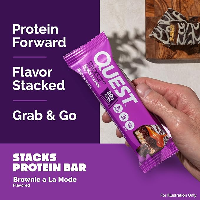 Quest Nutrition Stacks Protein Bars, Brownie a la Mode Flavor, 20g Protein, 3g Net Carbs, 1g Sugar, High Fiber, Low Sugar, Gluten Free, 4 Count