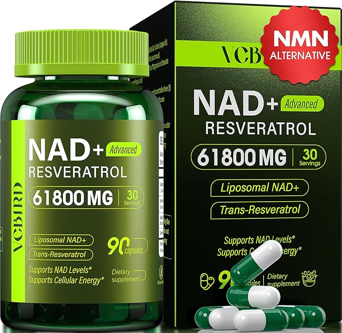 Nad Resveratrol Supplement 61800mg Per Bottle – Liposomal Nad+ Resveratrol for Women & Men – High Purity 1200mg Nad+ Supplement for Energy & Healthy Aging, Resveratrol, Quercetin, CoQ10 – 90 Counts