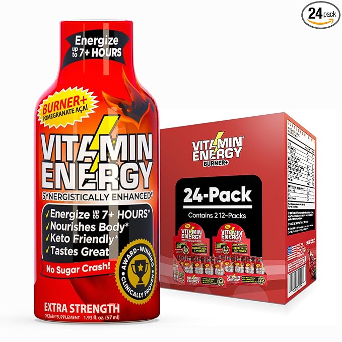 Vitamin Energy Burner+ Extra Strength Energy Shot Pomegranate Açaí 24 Pack, 260mg Natural Caffeine, 25mg Ketones, Green Tea, EGCG, Metabolism, Endurance, Zero Sugar, Gluten-Free, Vegan, 1.93 fl oz