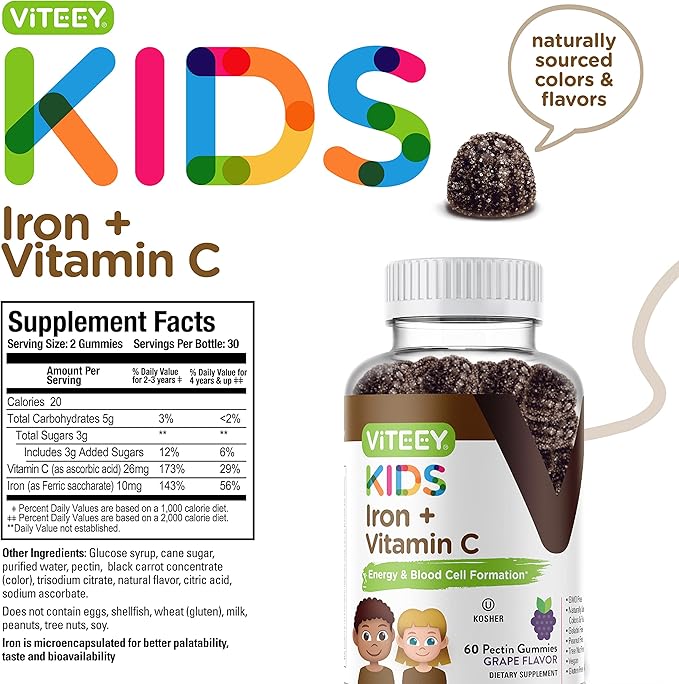 Viteey Iron Gummies for Kids with Vitamin C - Supports Energy, Blood Cell Formulation, Blood Builder Anemia Kids Iron Supplements - Vegan, Gelatin Free, Gluten Free - Tasty Chewable Grape Flavored