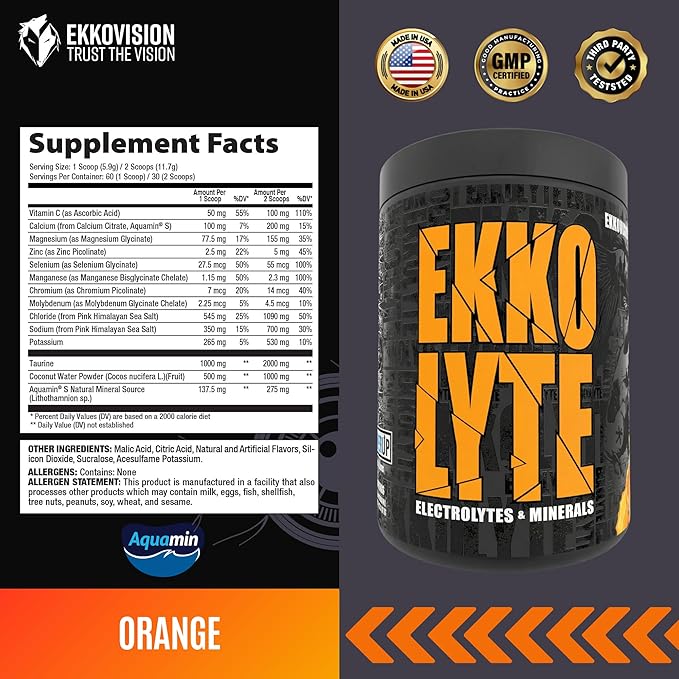 Ekkovision Ekkolyte Electrolytes & Minerals Powder, 50 MG Vitamin C & 155 MG Magnesium for Hydration Support, Essential Electrolytes for Women & Men, Orange Flavored Electrolyte Mix, 60 Servings