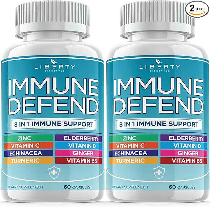 8 in 1 Immune Defense Support, Immunity Vitamins Supplement Booster Zinc 50mg, Vitamin C Elderberry VIT D3 5000 IU, Turmeric Curcumin & Ginger, Echinacea - Allergy Relief for Kids Adults (2 Pack)
