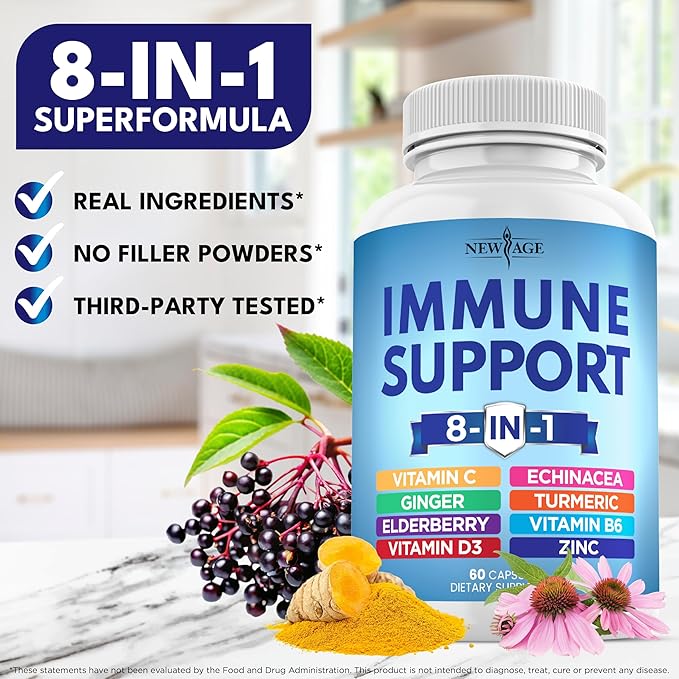 NEW AGE 8 in 1 Immune Support Booster Supplement with Echinacea, Vitamin C and Zinc 50mg, Vitamin D 5000 IU, Turmeric Curcumin & Ginger, B6, Elderberry 120 Count (Pack of 2)