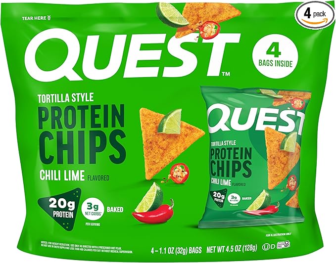 Quest Nutrition Chili Lime Tortilla Style Protein Chips, 20g Protein, 3g Net Carbs, Low Carb, Gluten Free, 1.1 oz (Pack of 4)