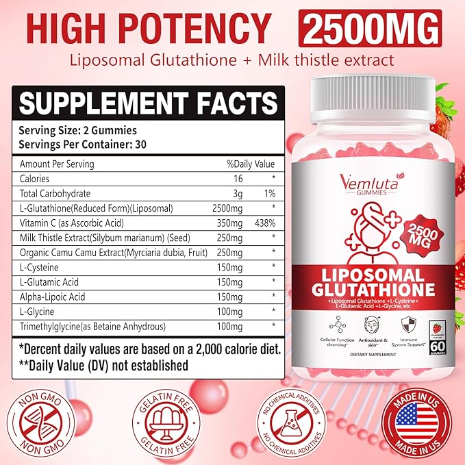 2 Packs 2500MG Liposomal Glutathione Gummies, 2X Absorption Liposomal Glutathione for Women-Complex L-Cysteine, Antioxidant, Skin & Liver Support, Strawberry Flavor, 120 Count