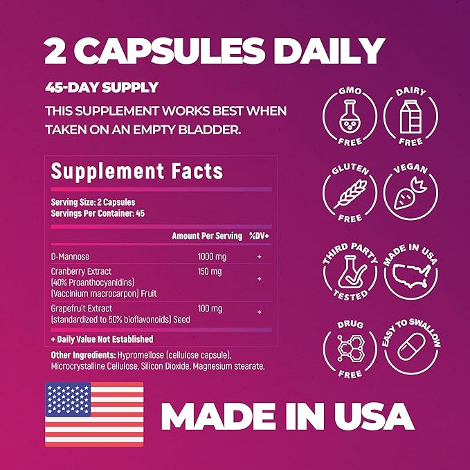 Natural Pick D mannose with Cranberry, 1250mg – Potent dmannose Pills, for Kidney Defense Support and Cleanse andu Urinary Tract Health for Women. Bladder Healt Supplements for Women – 90 Capsules
