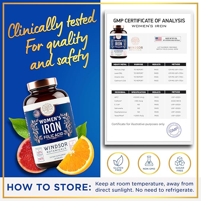 Iron and Folic Acid Supplements for Women - 35mg Gentle Iron Vitamin, Folic Acid 400mcg - Anemia, Period, Pregnancy Support Supplement, Ferrous Sulfate Pills - 120 Vegan Non-Constipating Tablets