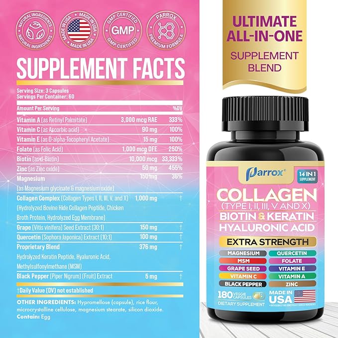 Collagen Peptides Types I, II, III, V & X, MCG Biotin, Keratin, Hyaluronic Acid, MSM, Zinc, Grape Seed Extract, Quercetin, Vitamin A, Vitamin C, Vitamin E, Magnesium, Folic Acid (180 Capsules)