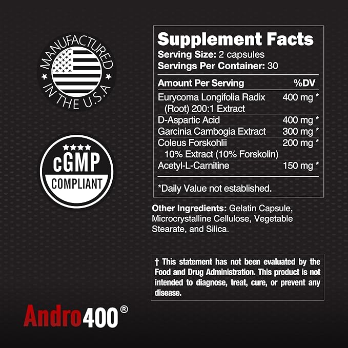Andro400 Ultra Max T Maximum Strength T-Support Complex – 200:1 Tongkat Ali, ForsLean, & D-Aspartic Acid – Premium Formula for Lean Muscle & Metabolism – 1 Pack, 60 Capsules