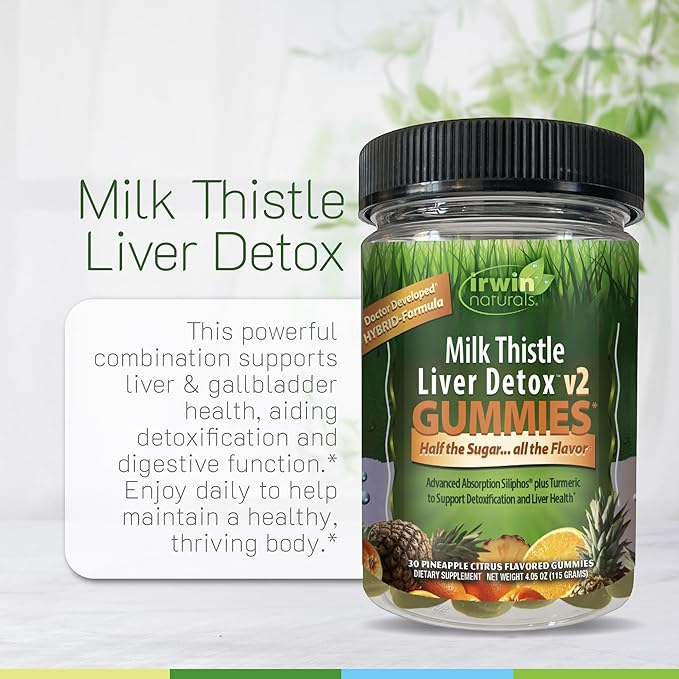 Irwin Naturals Gummies Milk Thistle Liver Detox v2, Daily Liver Health & Gentle Detox Support, Vegan, 30 Gummies