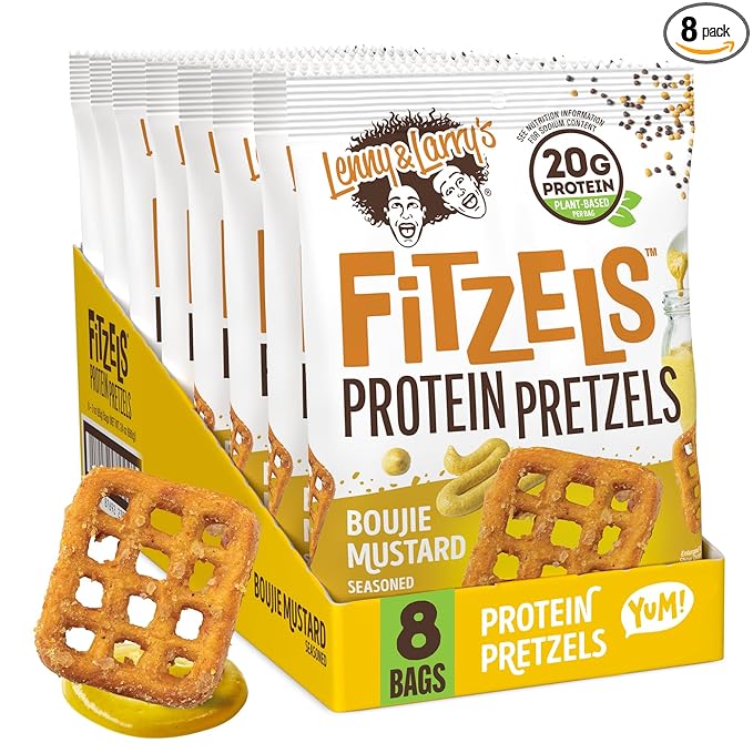 Lenny & Larry's FITZELS Protein Pretzels (Boujie Mustard) 8 Individual Bags 3 oz Each – High Protein Snacks with 20g of Plant Based Protein – Healthy Vegan Pretzels – Delicious Salty Taste