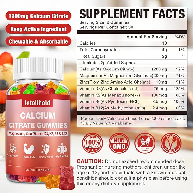 Calcium Citrate Gummies - 1200mg Calcium Gummies with Magnesium Zinc Vitamin D3,K2, B6, B12 for Bone, Muscle, Joints, Immune Support, High Absorption Calcium Supplements for Women & Men 2 Packs