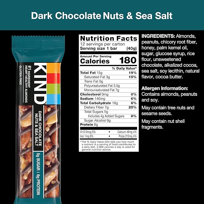 KIND Nut Bars, Dark Chocolate Nuts and Sea Salt, Healthy Snacks, Gluten Free, Low Sugar, 6g Protein, (Pack of 24)