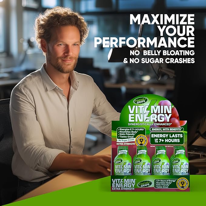 Vitamin Energy Focus+ Extra Strength Energy Shot Grape 8 Pack, 260mg Natural Caffeine, B-Vitamins, CoQ10, Amino Acids, Focus, Productivity & Clarity, Zero Sugar, Gluten-Free, 1.93 fl oz