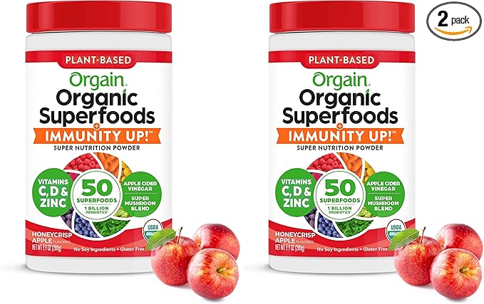 Orgain Organic Greens + 50 Superfoods Immunity Up! Powder,Honeycrisp Apple-Immune Support,Probiotics,Vitamin C,D&Zinc,Apple Cider Vinegar,Ashwagandha,Cordyceps&Reishi Mushrooms-0.62lb,(Pack of 2)